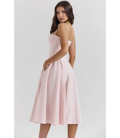 Vestido Midi Rodado Corset com Saia Evasê e Alças Finas - Zara Modelo sofisticado com caimento perfeito, ideal para eventos formais.