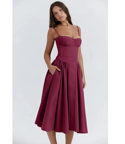 Vestido Midi Rodado Corset com Saia Evasê e Alças Finas - Zara Modelo sofisticado com caimento perfeito, ideal para eventos formais.