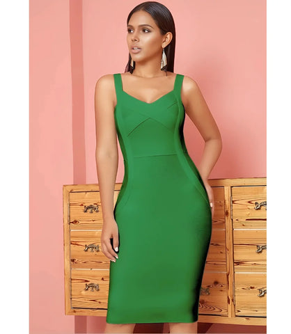 Vestido Bandagem Midi Justo com Decote V e alças largas, tecido estruturado modelador, ideal para eventos sofisticados e visuais elegantes.