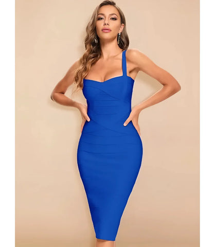 Vestido Bandagem Midi Justo com Decote V e alças largas, tecido estruturado modelador, ideal para eventos sofisticados e visuais elegantes.