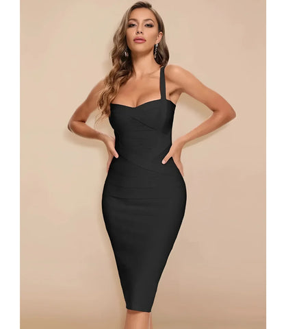 Vestido Bandagem Midi Justo com Decote V e alças largas, tecido estruturado modelador, ideal para eventos sofisticados e visuais elegantes.