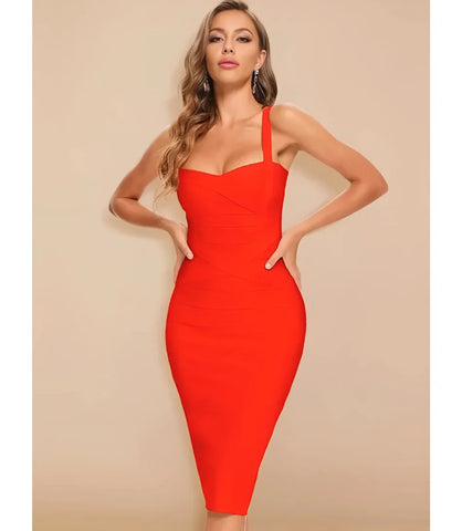 Vestido Bandagem Midi Justo com Decote V e alças largas, tecido estruturado modelador, ideal para eventos sofisticados e visuais elegantes.