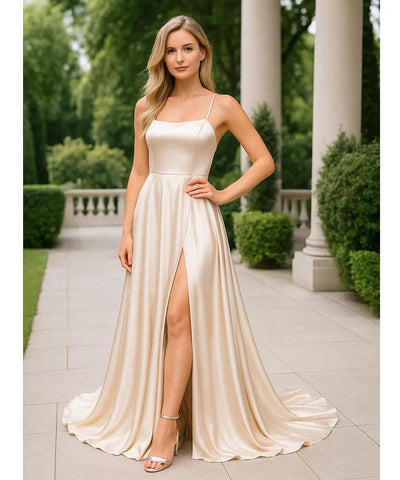 Vestido Longo Cetim Festa com Fenda Elegante | Bremily