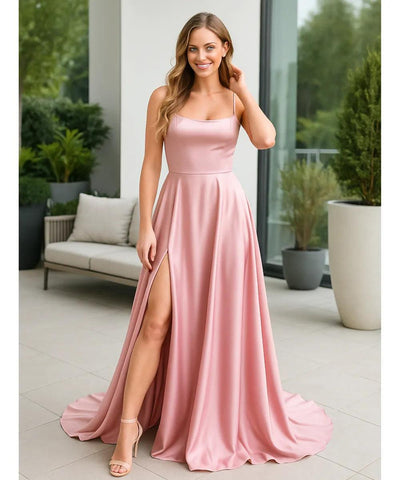 Vestido Longo Cetim Festa com Fenda Elegante | Bremily