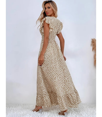 Vestido Longo Estampado Casual Feminino com Babado e Decote V