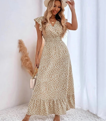 Vestido Longo Estampado Casual Feminino com Babado e Decote V