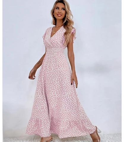 Vestido Longo Estampado Casual Feminino com Babado e Decote V