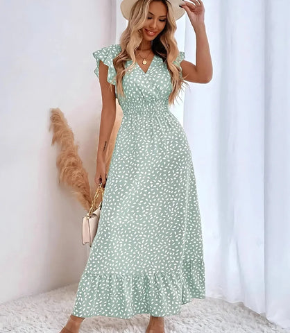 Vestido Longo Estampado Casual Feminino com Babado e Decote V