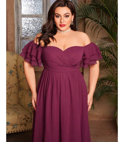 Comprar Vestido Plus Size de Festa Longo Ombro a Ombro com Babados e Fenda Sofisticada