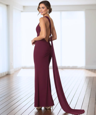 Comprar Vestido Longo de Festa com Um Ombro Só e Cauda Elegante  barato - Anellimn