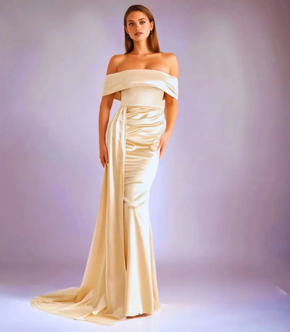 Vestido longo de festa ombro a ombro com calda em cetim, sofisticado e elegante para eventos especiais.
