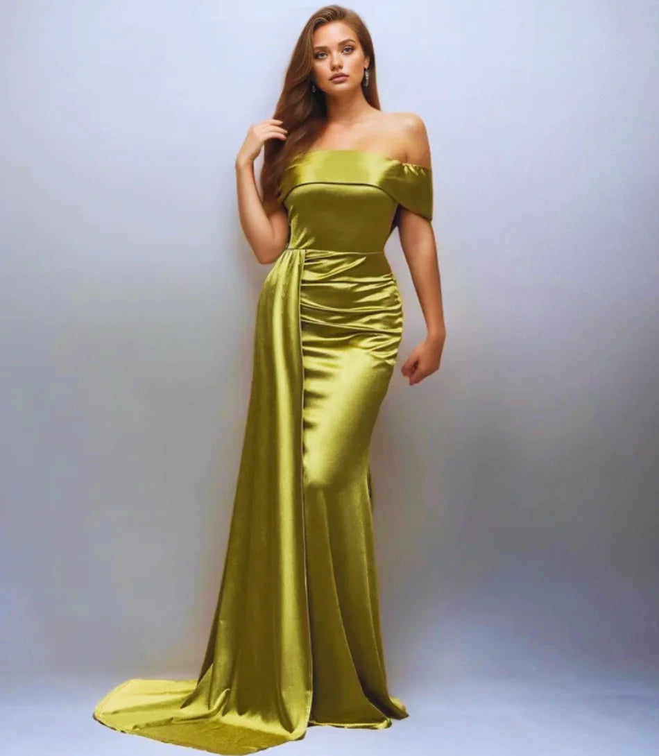 Vestido longo de festa ombro a ombro com calda em cetim, sofisticado e elegante para eventos especiais.