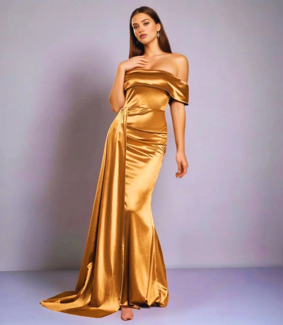 Vestido longo de festa ombro a ombro com calda em cetim, sofisticado e elegante para eventos especiais.