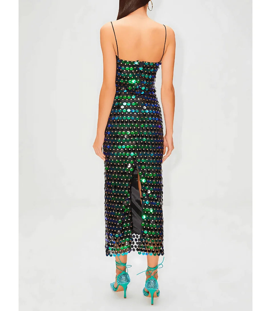 Comprar Vestido Elegante Midi de Festa com Paetês barato Verde Escuro - Anellimn