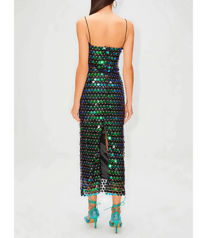 Comprar Vestido Elegante Midi de Festa com Paetês barato Verde Escuro - Anellimn