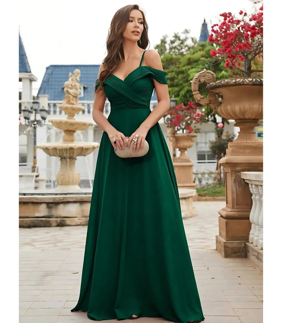 Vestido de Festa Longo em Chiffon com Ombro a Ombro e Saia Evasê