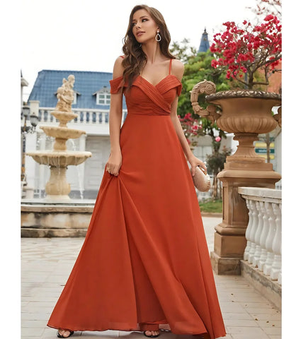 Vestido de Festa Longo em Chiffon com Ombro a Ombro e Saia Evasê