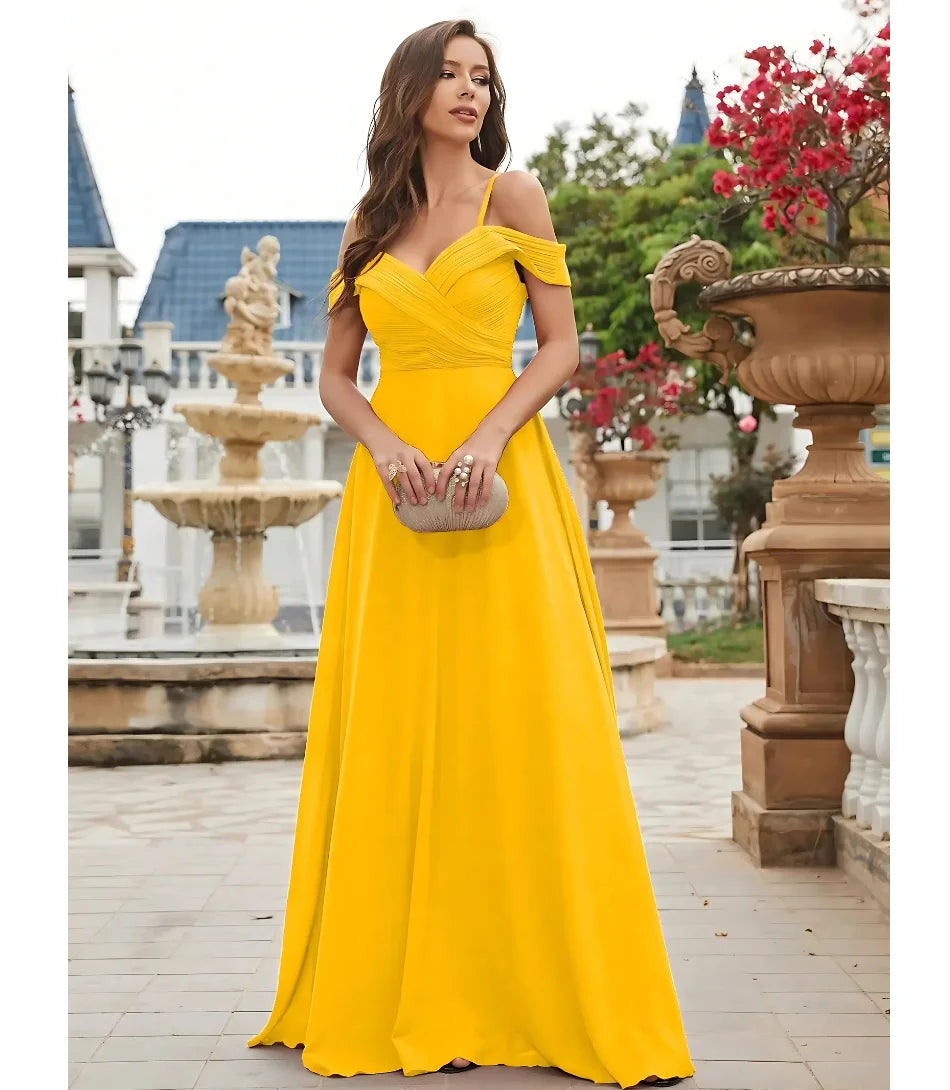 Vestido Longo Ombro a Ombro Madrinha Elegante Chiffon Amarelo