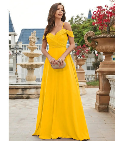 Vestido Longo Ombro a Ombro Madrinha Elegante Chiffon Amarelo
