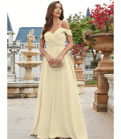 Vestido Longo Ombro a Ombro Madrinha Elegante Chiffon Off white