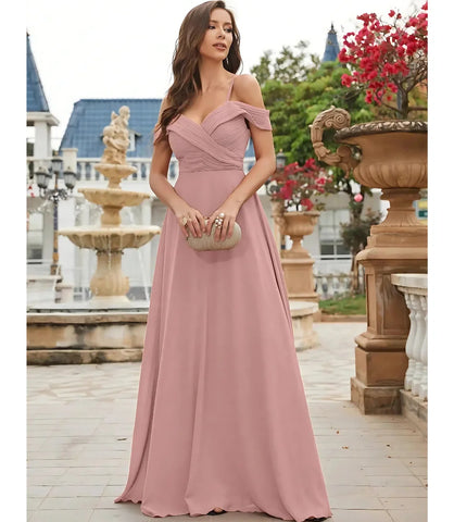 Vestido Longo Ombro a Ombro Madrinha Elegante Chiffon Rose
