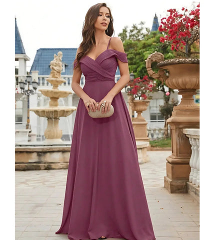Vestido Longo Ombro a Ombro Madrinha Elegante Chiffon Lilás