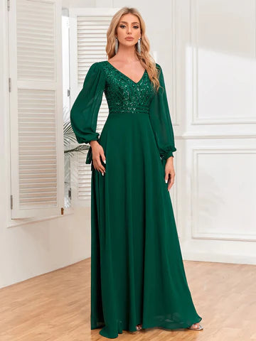 Vestido Longo de Festa com Manga Longa Elegante | Flor