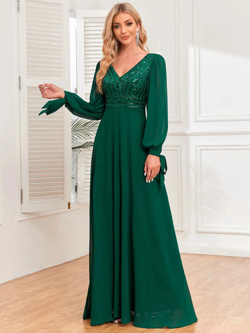 Vestido Longo de Festa com Manga Longa Elegante | Flor