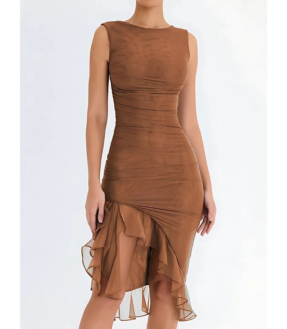 Vestido Midi Festa Elegante Drapeado com Fenda em malha com elastano MarromAnellimn
