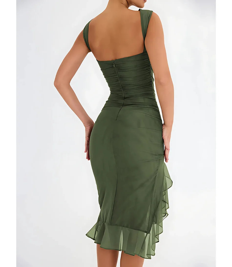 Vestido Midi Festa Elegante Drapeado com Fenda em malha com elastano Verde Anellimn
