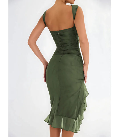 Vestido Midi Festa Elegante Drapeado com Fenda em malha com elastano Verde Anellimn