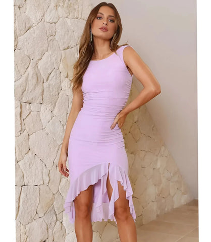 Vestido Midi Festa Elegante Drapeado com Fenda em malha com elastano Lilás Anellimn