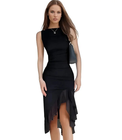 Vestido Midi Festa Elegante Drapeado com Fenda em malha com elastano Preto Anellimn