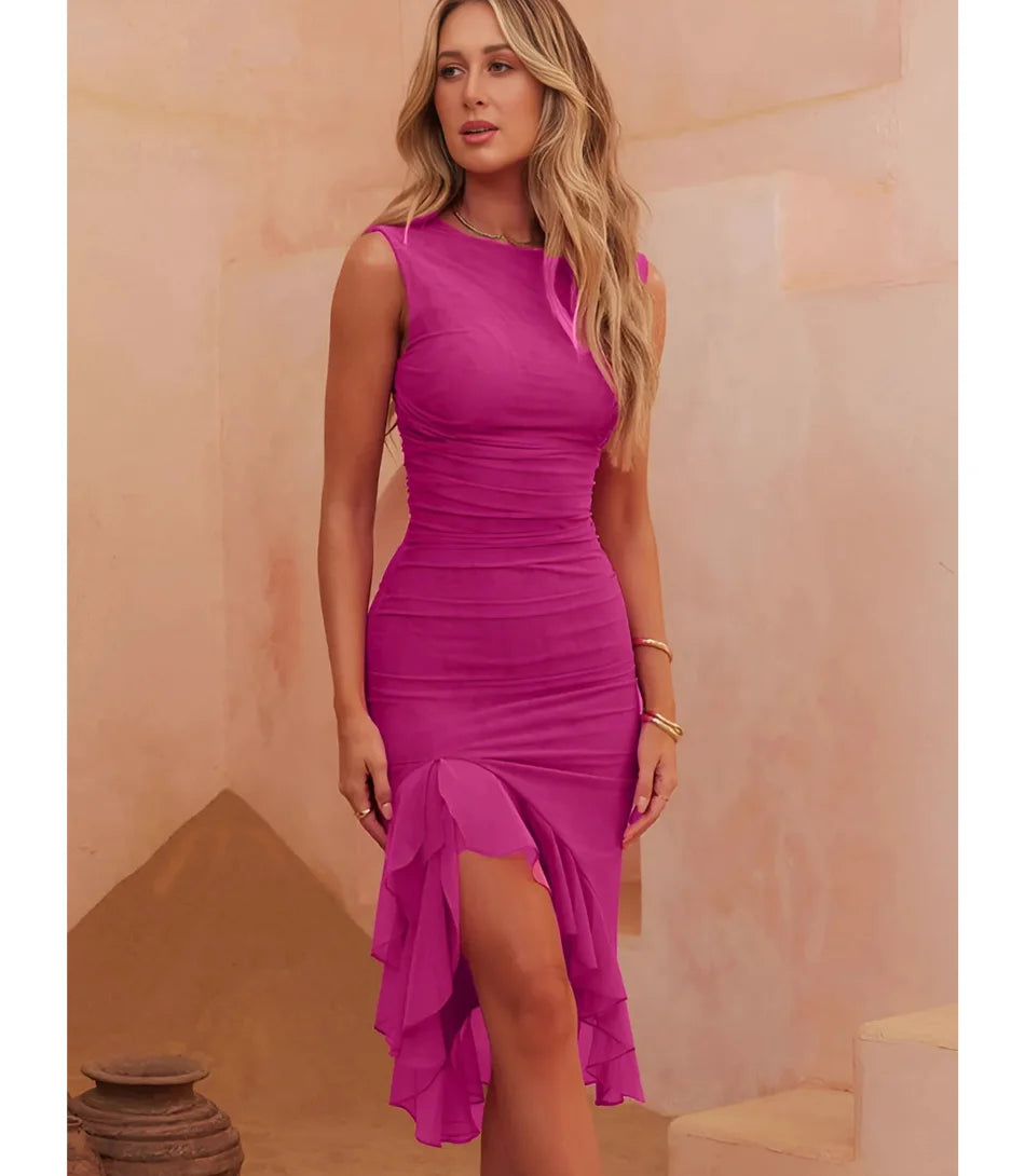 Vestido Midi Festa Elegante Drapeado com Fenda em malha com elastano Rosa Pink Anellimn