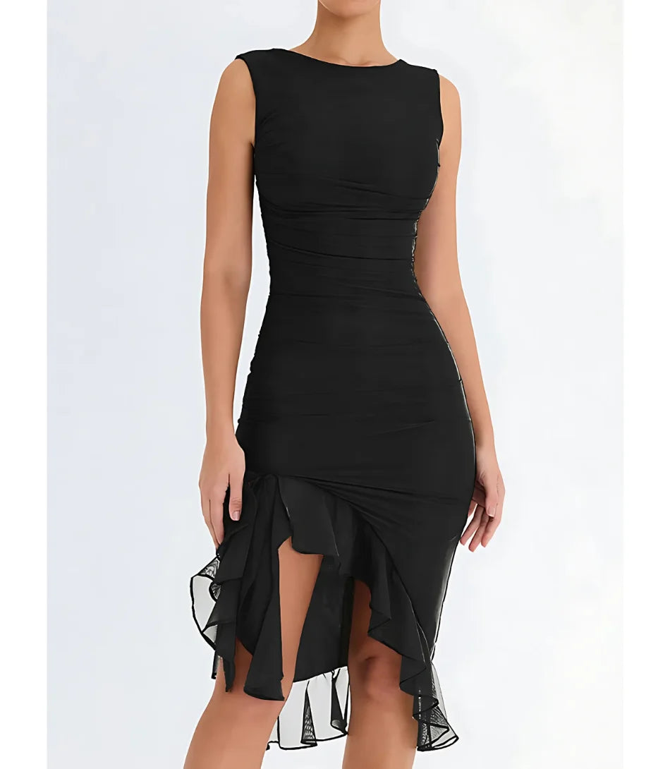 Vestido Midi Festa Elegante Drapeado com Fenda em malha com elastano Preto Anellimn