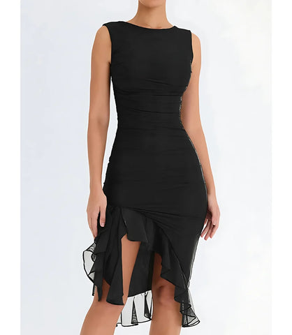 Vestido Midi Festa Elegante Drapeado com Fenda em malha com elastano Preto Anellimn