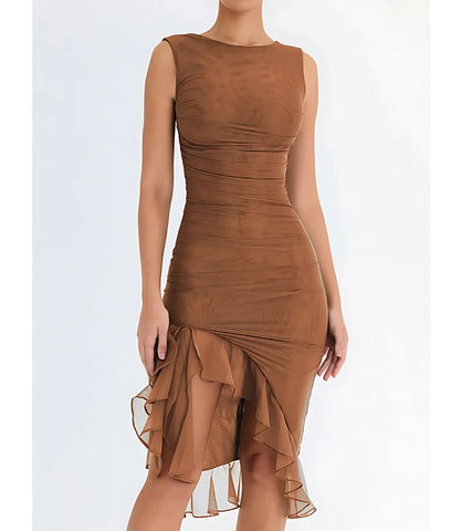 Vestido Midi Festa Elegante Drapeado com Fenda em malha com elastano MarromAnellimn