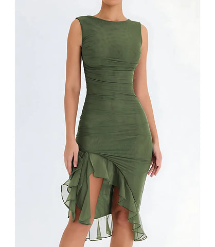 Vestido Midi Festa Elegante Drapeado com Fenda em malha com elastano Verde Anellimn