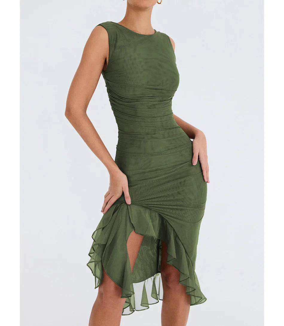 Vestido Midi Festa Elegante Drapeado com Fenda em malha com elastano Verde Anellimn