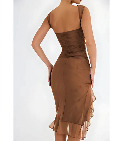 Vestido Midi Festa Elegante Drapeado com Fenda em malha com elastano Anellimn