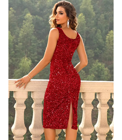 Vestido de Festa Midi de Paetês com Brilho Luxo em design sofisticado, ideal para eventos especiais