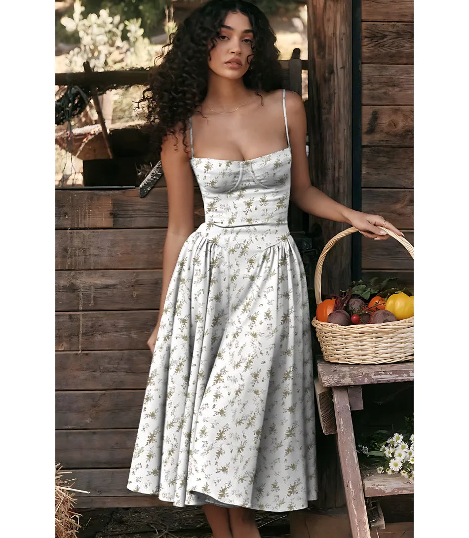 Vestido Midi Rodado Corset com Saia Evasê e Alças Finas - Zara Modelo sofisticado com caimento perfeito, ideal para eventos formais.