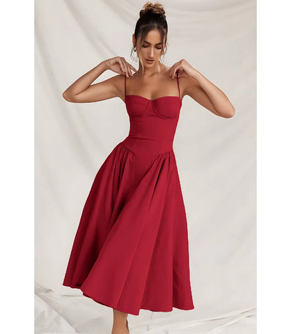 Vestido Midi Rodado Corset com Saia Evasê e Alças Finas - Zara Modelo sofisticado com caimento perfeito, ideal para eventos formais.