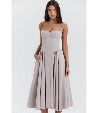 Vestido Midi Rodado Corset com Saia Evasê e Alças Finas - Zara Modelo sofisticado com caimento perfeito, ideal para eventos formais.