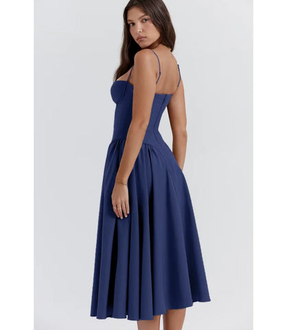 Vestido Midi Rodado Corset com Saia Evasê e Alças Finas - Zara Modelo sofisticado com caimento perfeito, ideal para eventos formais.