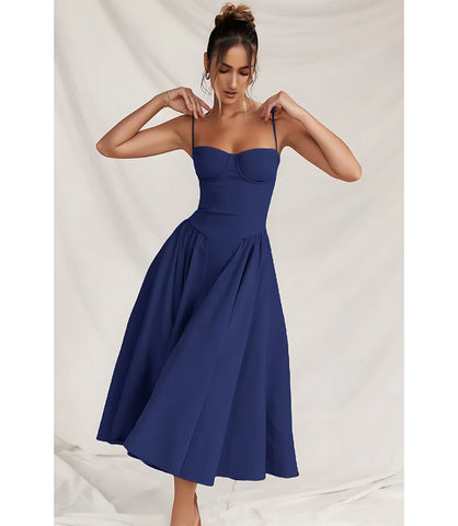 Vestido Midi Rodado Corset com Saia Evasê e Alças Finas - Zara Modelo sofisticado com caimento perfeito, ideal para eventos formais.