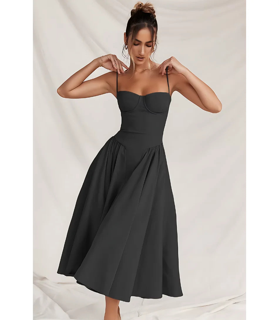 Vestido Midi Rodado Corset com Saia Evasê e Alças Finas - Zara Modelo sofisticado com caimento perfeito, ideal para eventos formais.