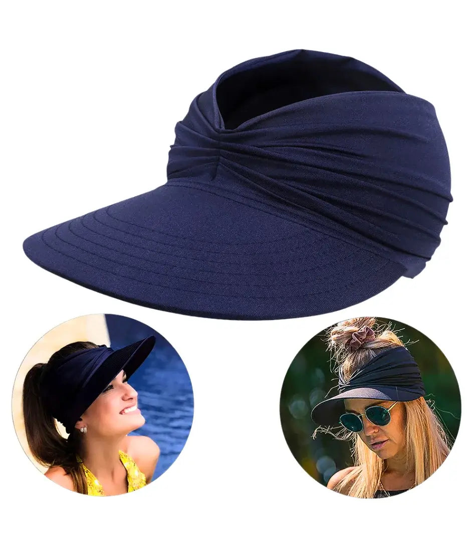 Viseira feminina com proteção solar UV e design turbante ajustável para 56-65 cm, ideal para dias de sol.