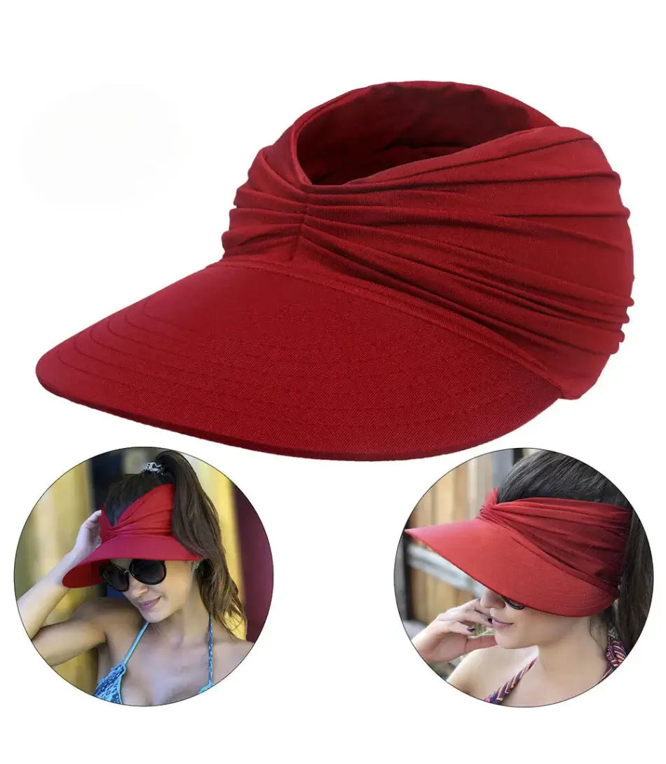 Viseira feminina com proteção solar UV e design turbante ajustável para 56-65 cm, ideal para dias de sol.