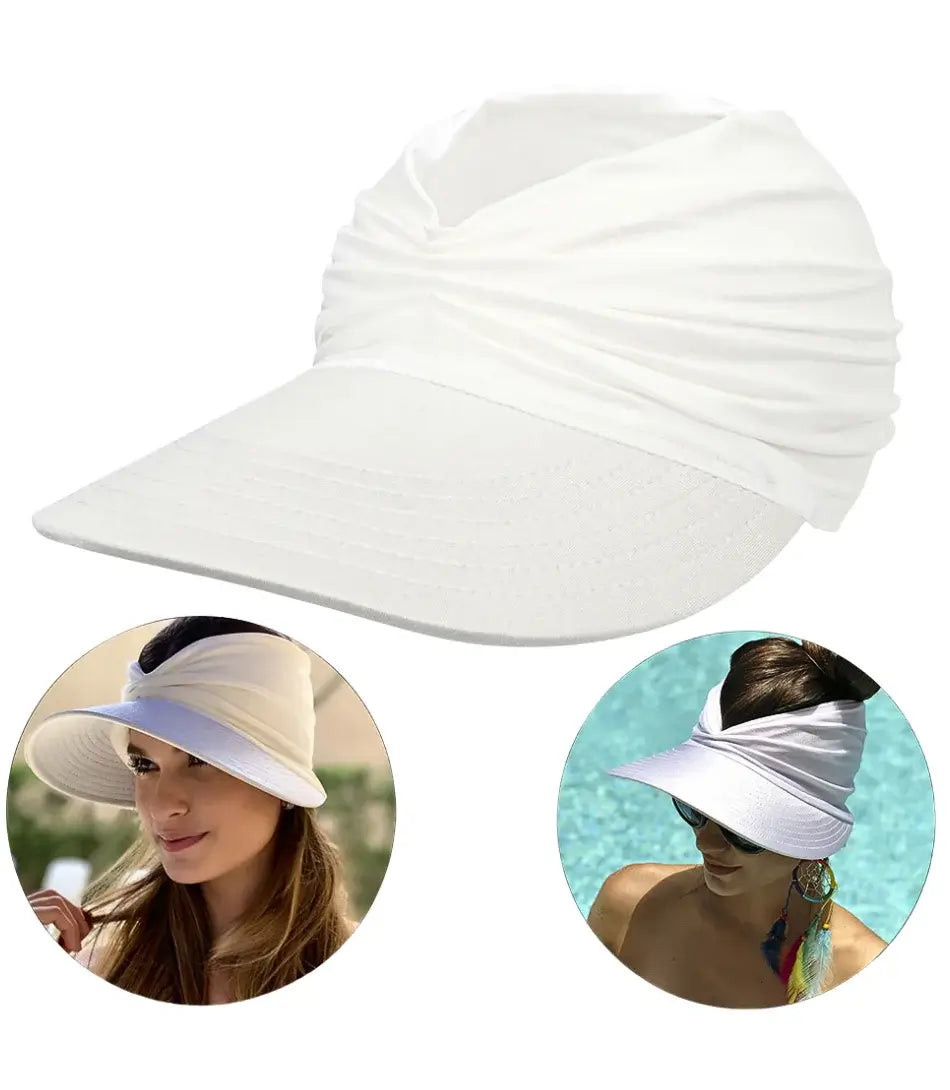 Viseira feminina com proteção solar UV e design turbante ajustável para 56-65 cm, ideal para dias de sol.